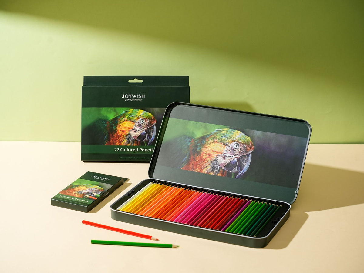 JOYWISH Parrot Colored Pencil Set with Metal Tin and Green Packaging