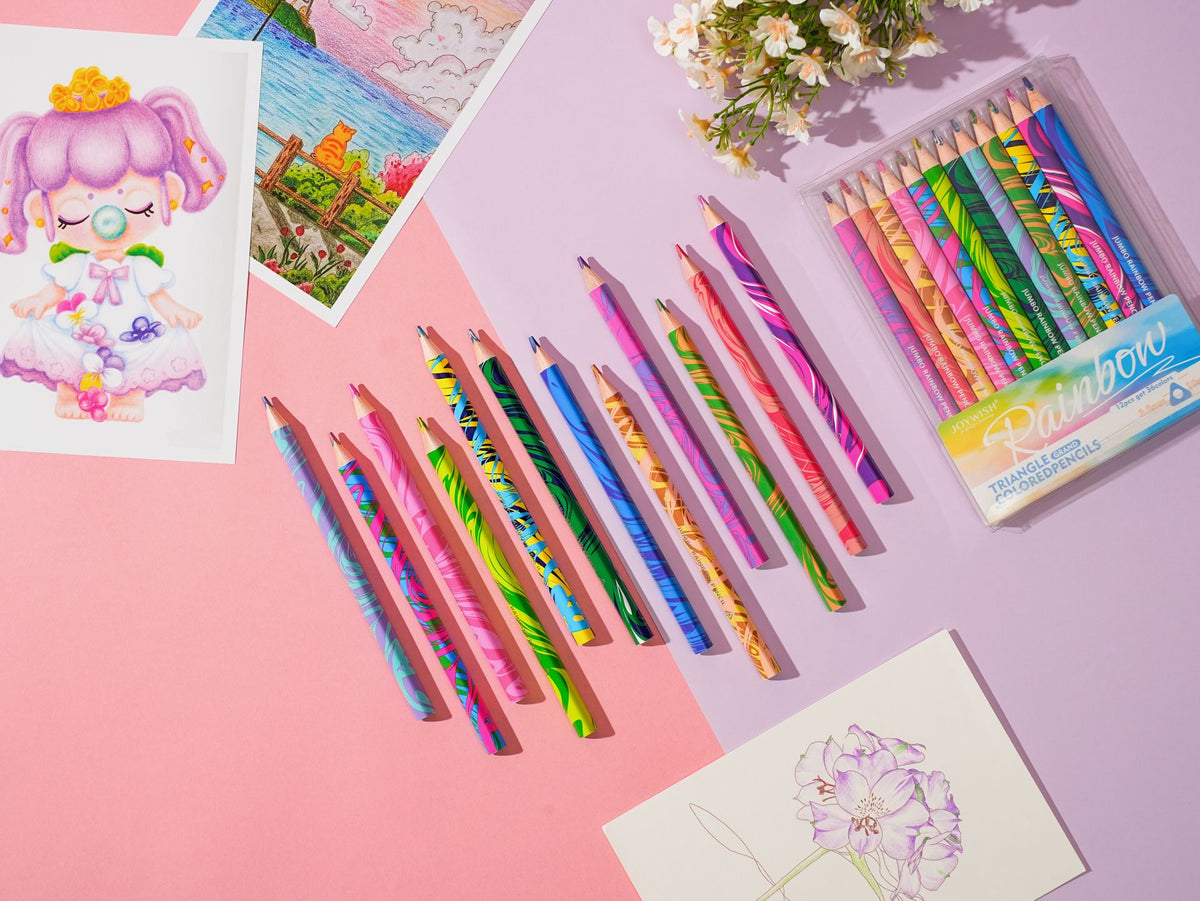 Close-Up of Colorful Patterned Triangular Colored Pencil Barrels